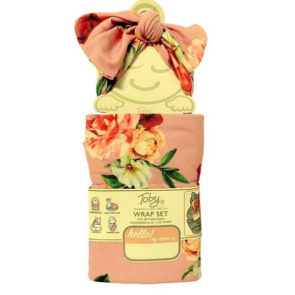 Toby Girl Baby Swaddle Wrap Set Bow Headband 42" x 42" Wrap Pink Rose Floral NEW - Picture 1 of 6